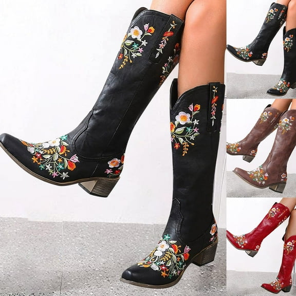 Dakaela Cowboy Knee High Boots Women Wide Calf Western Cowgirl Boot Embroidered Chunky Heel Tall Boots