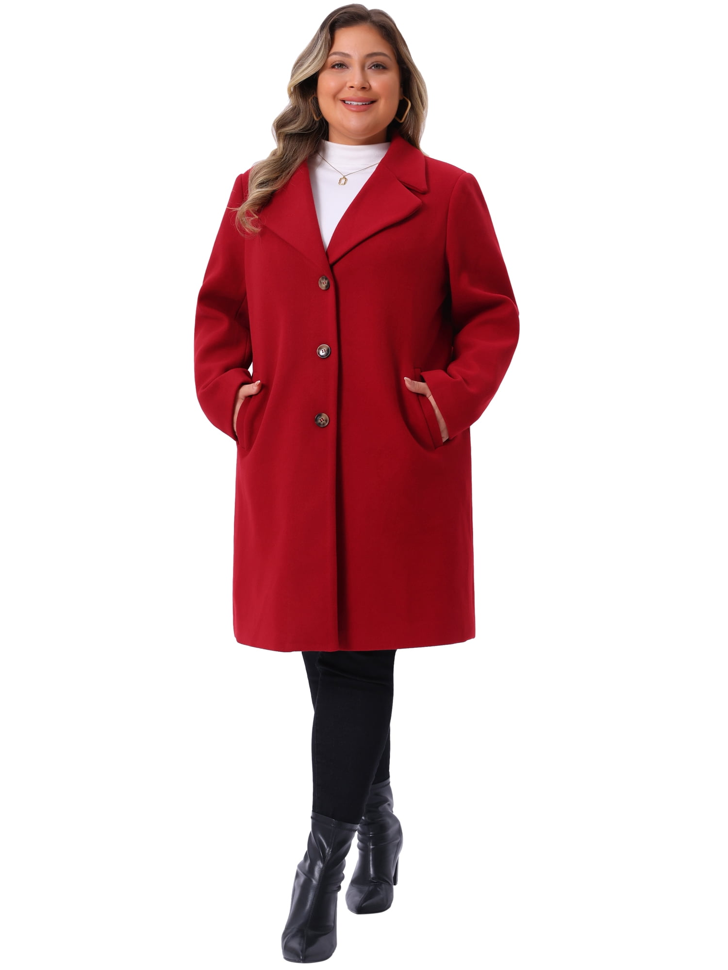 DARING DIVA Women's Plus Size Mid Length Notch Lapel Pea Coat 4X Wine Red