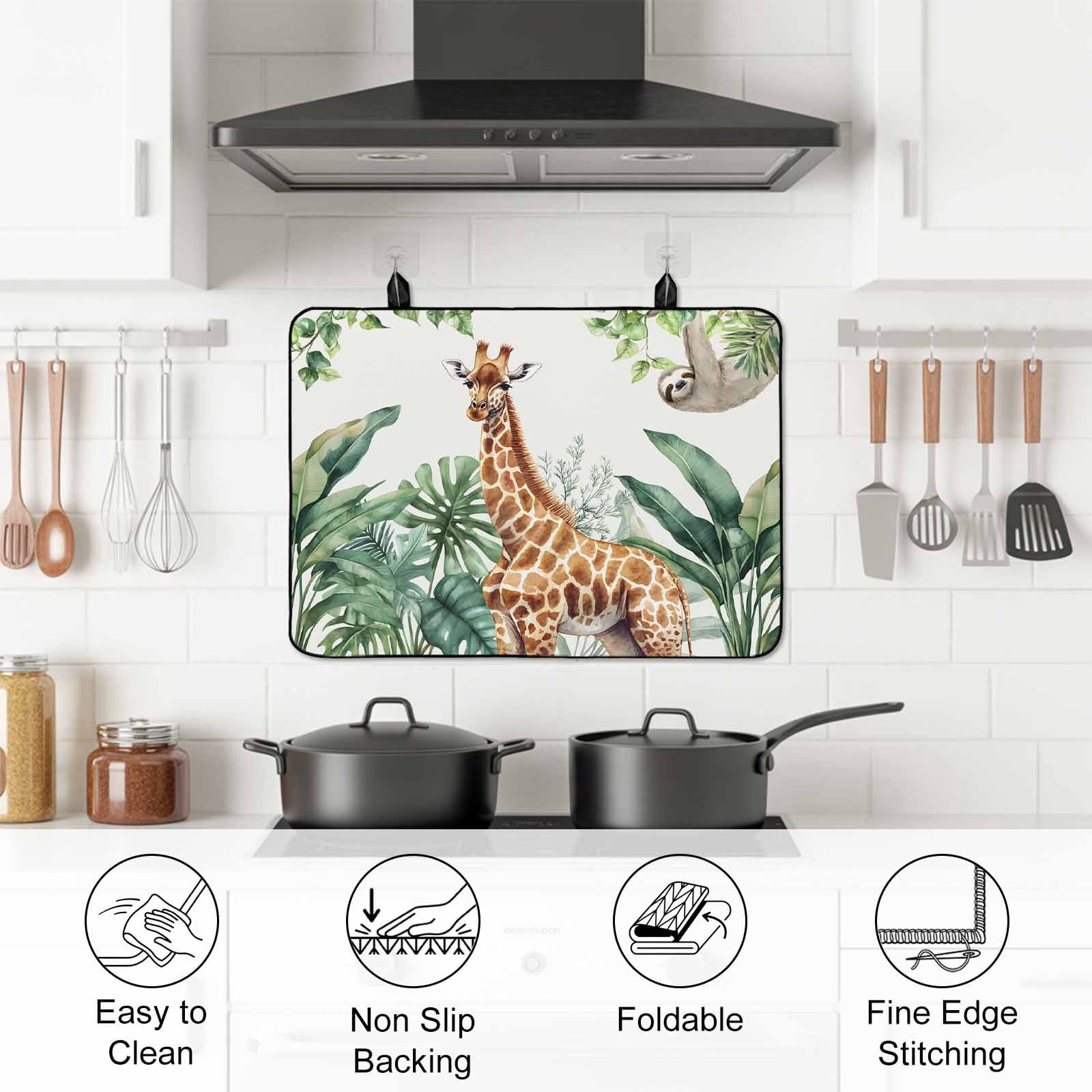 Tropical Giraffe Sloth Stove Top Cover for Electric Stove, Heat-proof & Non Slip Glass Top Stove Cover Protector, Watercolor Summer Palm Leaf Kitchen Flat Cooktop Rubber Mat 24x21 Inches