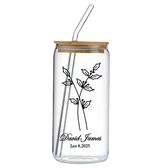 Personalized Name Birth Flower Glass Cup, Yoaney 16 Oz Custom Glass Bohemian Style Floral Design Custom Name Birthday Water Bottle Suitable As Anniversary Birthday Mother's Day Bridesmaids Gift