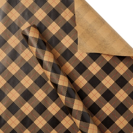 Holiday Time Buffalo Plaid Kraft Wrapping Paper, Christmas, Black, 30 Inches Wide, Fsc