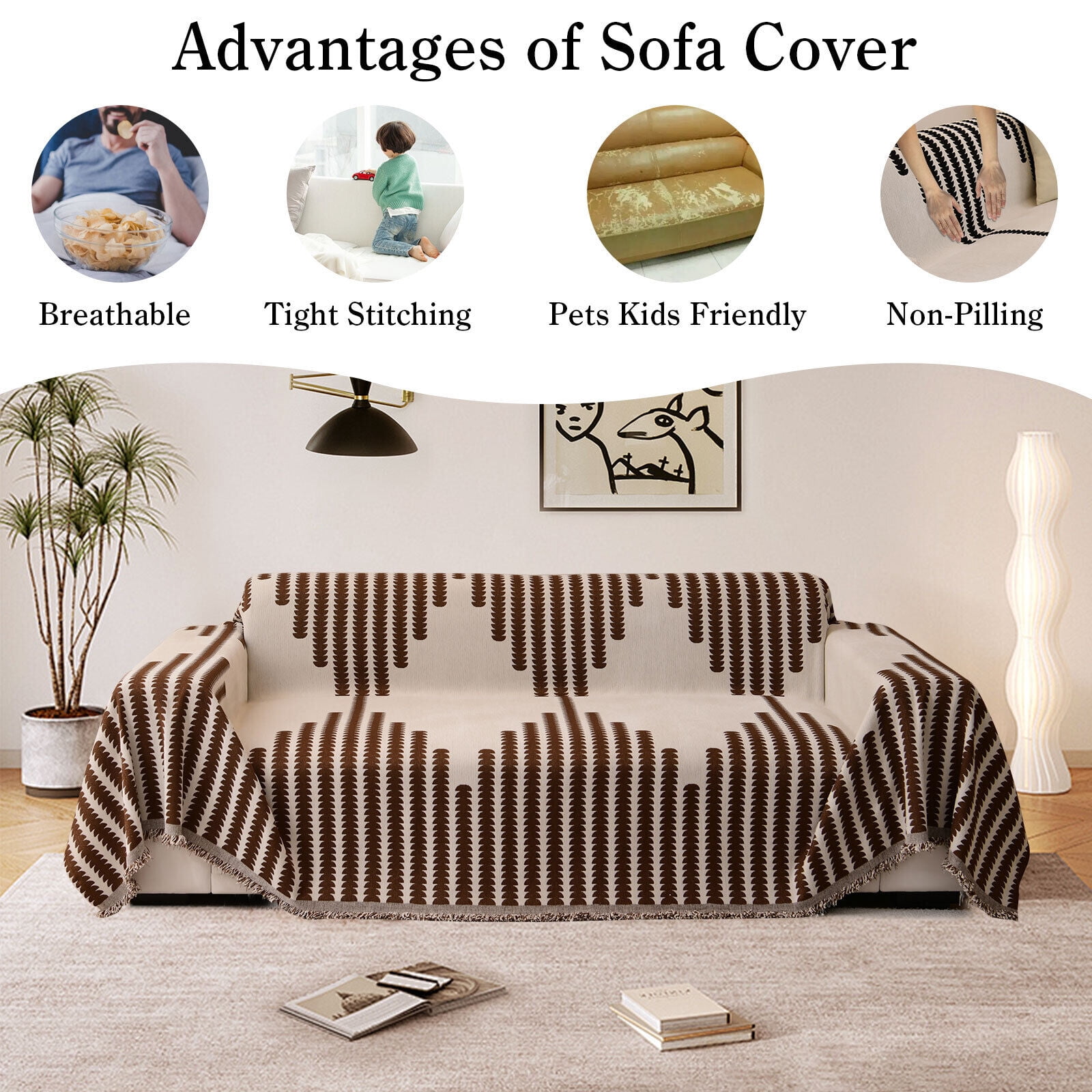 Eurhowing Boho Couch Cover for 2-3 Cushion Couch, Chenille Sofa Cover Blanket with a Pillowcase, Anti-Slip Tassel Sofa Slipcover for Pet, (71'' x 118'', Coffee)
