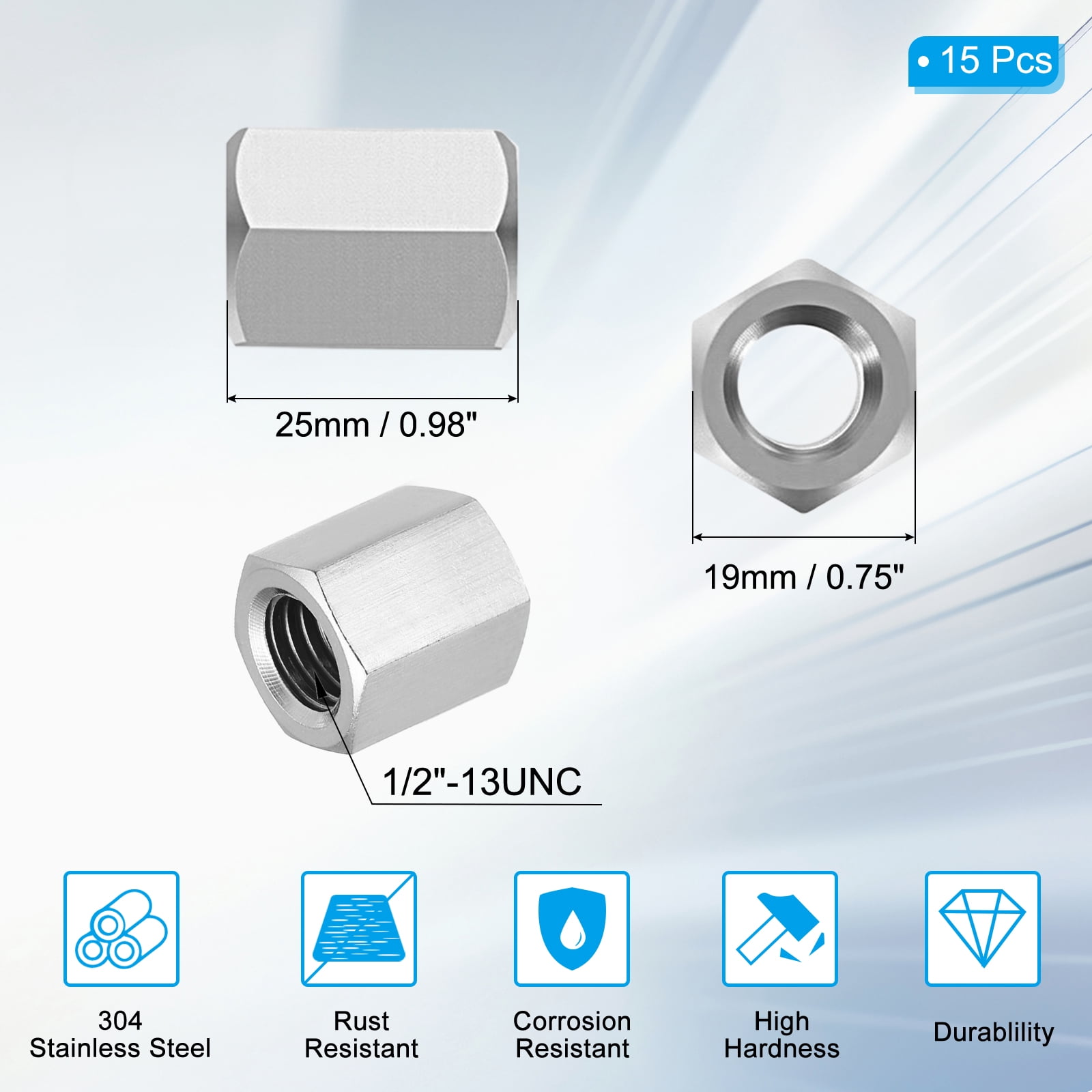 Uxcell 1/2"-13 UNC 304 Stainless Steel Hex Coupling Nuts, 15Pcs 0.8" Length Fully Threaded Rod Coupling Nut Studding Connector Fasteners, Silver Tone
