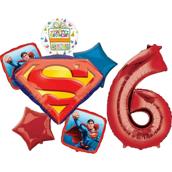 Anagram Superman 6th Birthday Party Supplies 7pc Balloon Bouquet Decorations