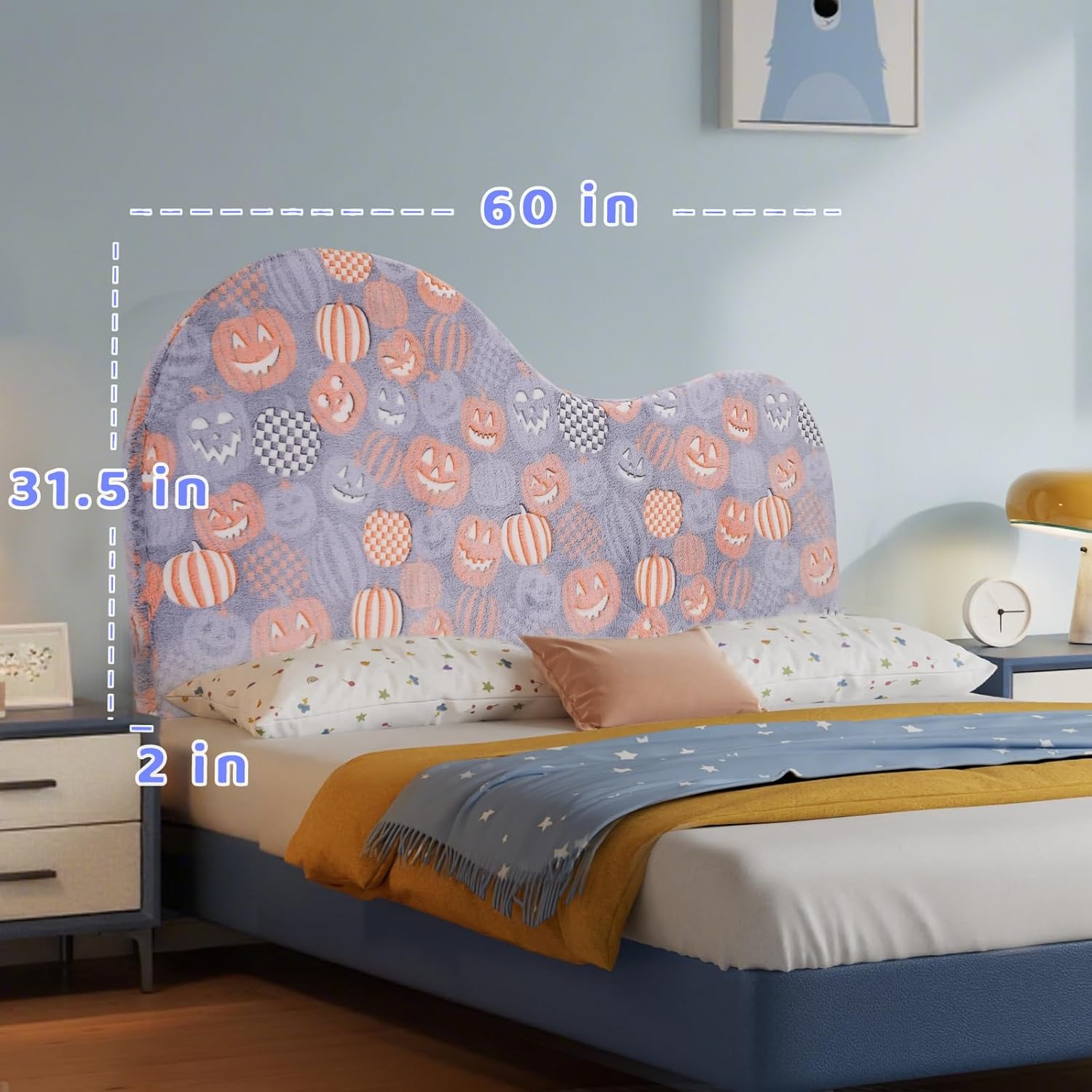 Upholstered Headboard Queen，Creative Curved Glow in The Dark Headboard，Foam Filled Fabric Head Board for Teens and Adults, Pumpkin