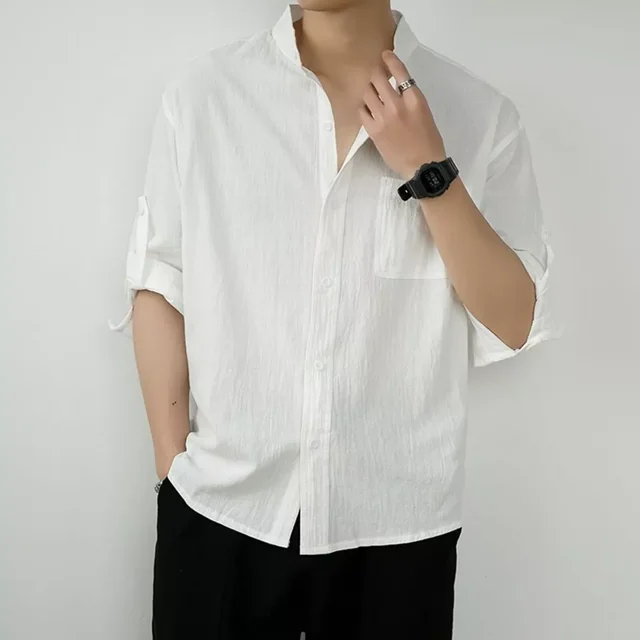 Camisa Cuello Mao Lino Hombre 3/4 Larga Manga, Con Botones