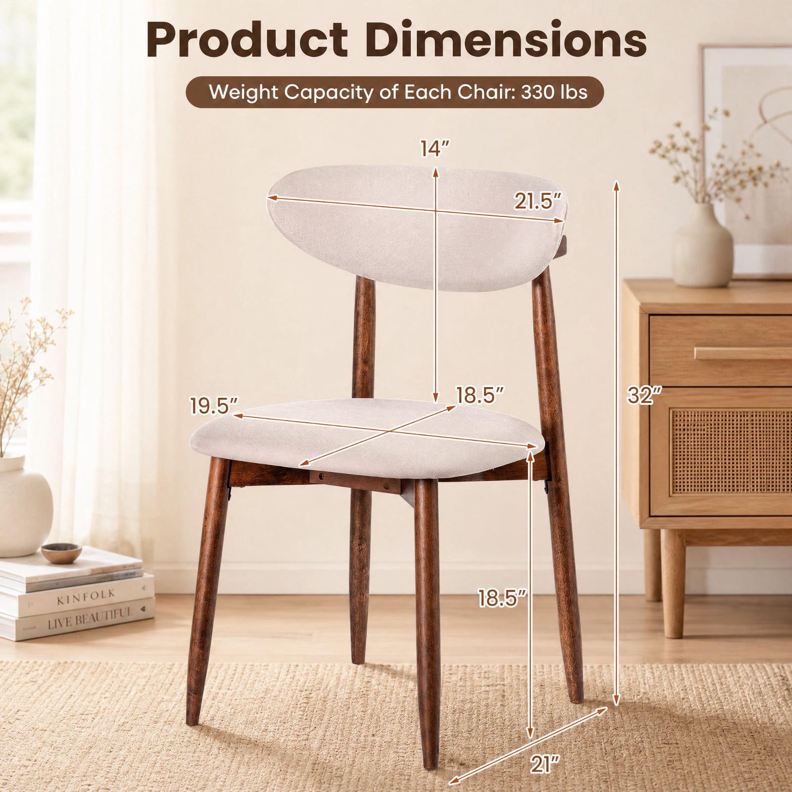 Furnibear Fabric Upholstered Dining Chairs Set of 2 with Curved Backs and Solid Rubber Wood Legs for Kitchen and Farmhouse Dining Room, Beige