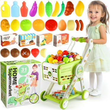 Huge Wave Shopping Cart for Kids, 31PCS Pretend Play Toys, with Realistic Food and Kitchen Accessories, Shopping Grocery Cart Toys for Toddlers 2-6 Year Old Girls Boys