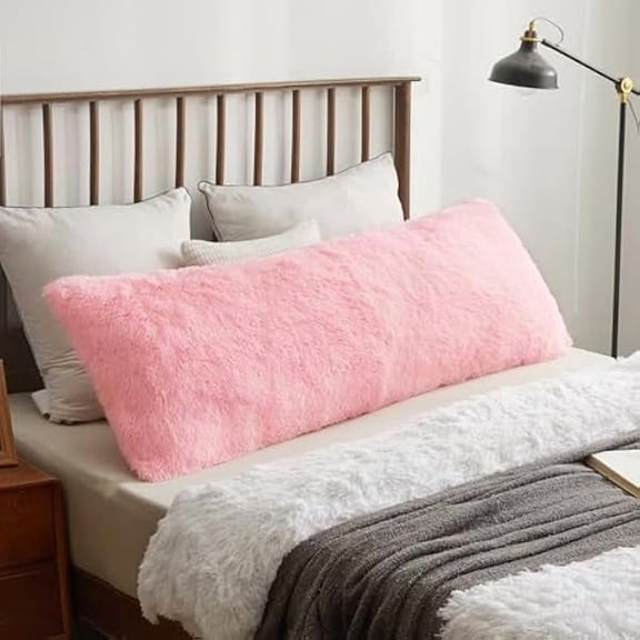 Eryueer Long Fluffy Bolster Pillowcase, Faux Fur Body Pillow Cover with Zipper Closure, Plush Shaggy Standard Bolster Pillow Case for Pregnant Maternity Women Side Sleeper, 4.6ft, Light Pink