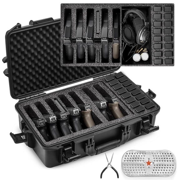 Hard Pistol Cases - Waterproof, Compatible with 7 Pistols & 16 Magazines - Durable Gun Case for Collectors & Enthusiasts （With Desiccant）
