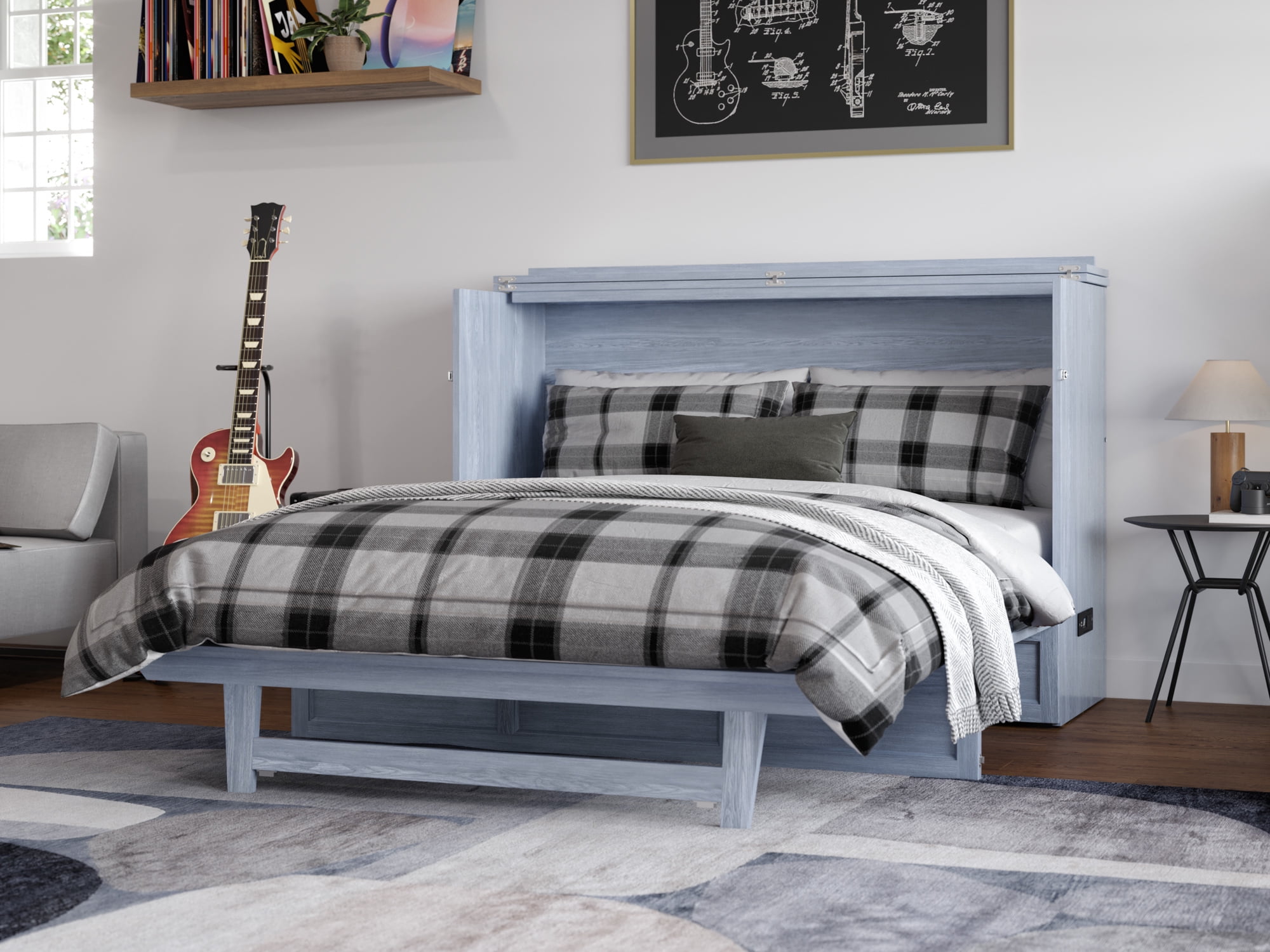 AFI Northfield Queen Wood Murphy Bed Chest with Mattress, Drawer & Charger, Driftwood