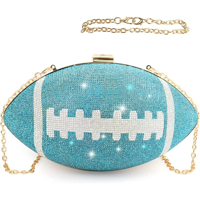 Football Bling Purse Rhinestone Clutch Purses for Women Crystal Ball Purse Rugby Ball Shaped Bag with Shoulder Chain