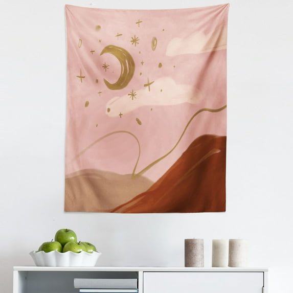 Simple Boho Tapestry, Scandinavian Style Soil and the Reaching the Sunset Computer Graphics, Fabric Wall Hanging Decor for Bedroom Living Room Dorm, 5 Sizes, Blush and Redwood, by Ambesonne