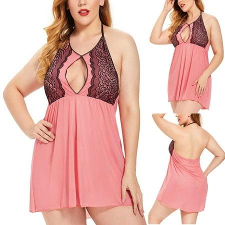 USSUMA Lingerie for Women  ladies Lace Plus Size Pajamas Underwear Lace Sexy Seductive Pajamas Nightdress Pink XXXL
