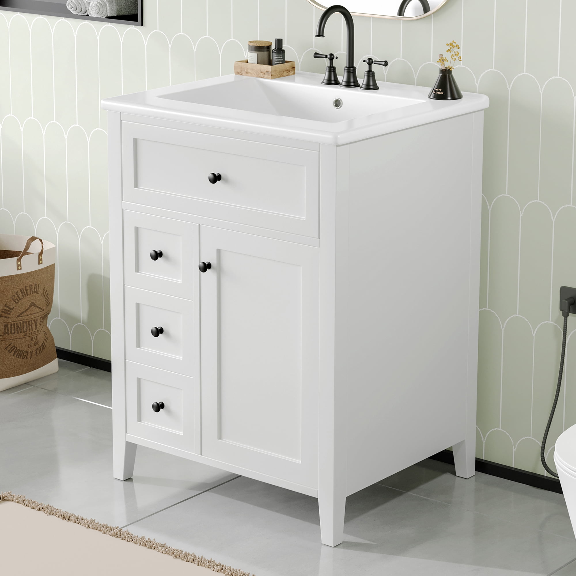 Euroco "24" White Bathroom Vanity with Sink, MDF & Rubberwood Construction, 3 Drawers & Cabinet with Adjustable Shelves, Modern Design for Small to Medium Bathrooms"