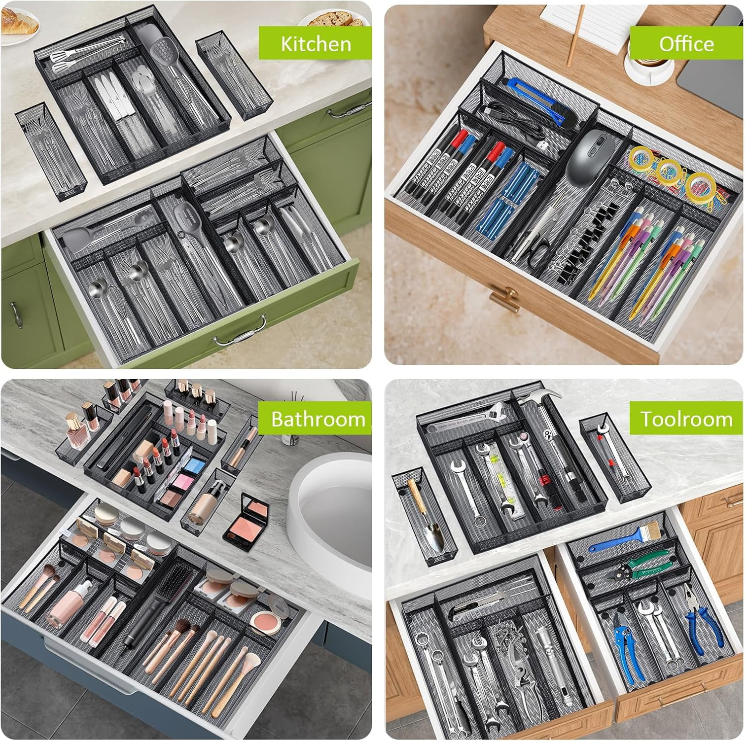Silverware Drawer Organizer Holder, Cutlery Tray Silverware Flatware Storage Divider for Kitchen, Bedroom, Living Room,Mesh Wire with Non-slip foam Feet, 5 Compoment（ Silver）