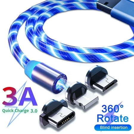 Magnetic Charging Cable, LED Glowing Magnetic Micro USB Type C Phone Charger Cable with LED Light, 3A Fast Charging Wire Cord For Huawei Samsung Android Phone Charger Cables (Blue,6.6ft)