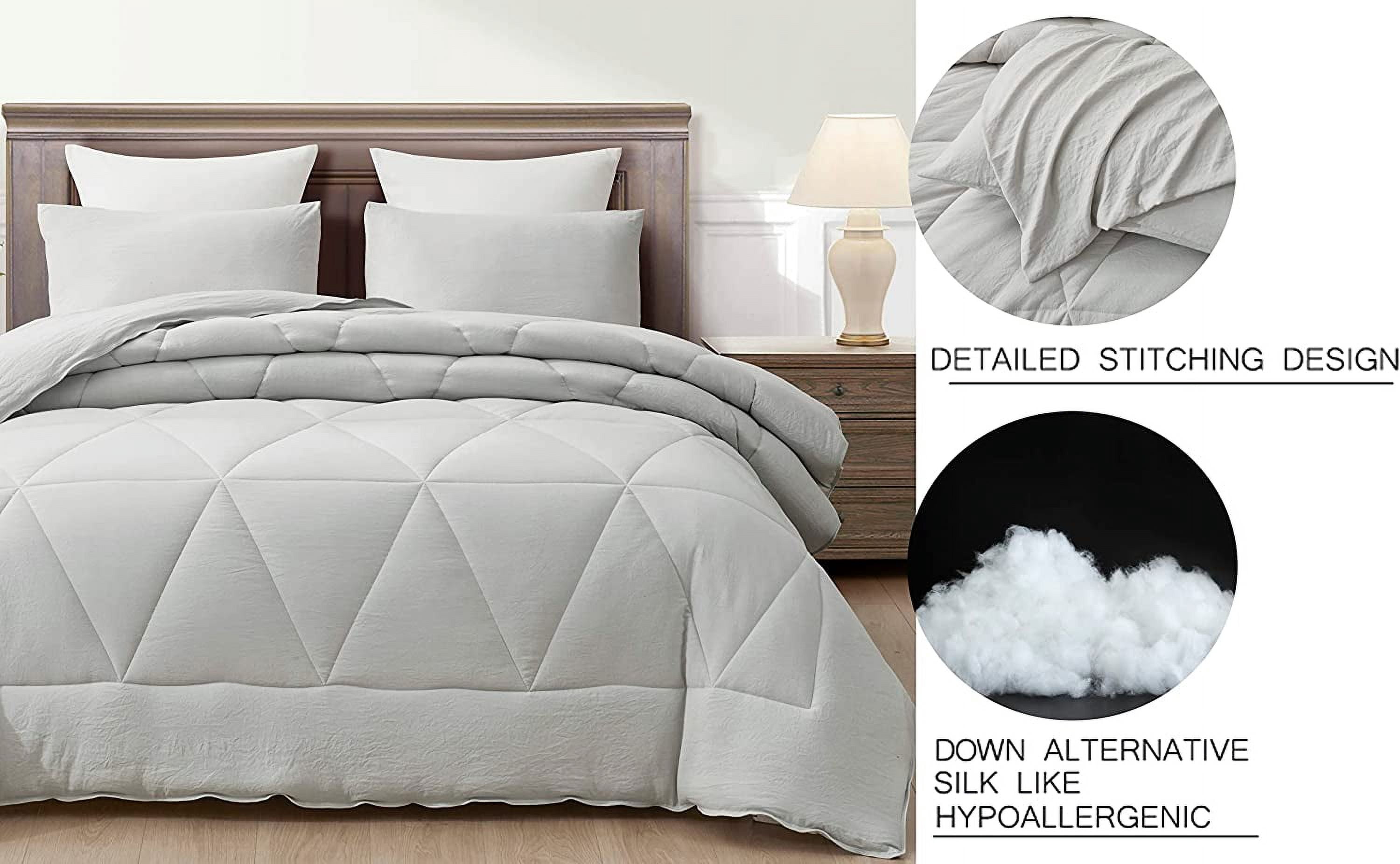 Chezmoi Collection Rory Light Gray Comforter Set King Size 3-Piece Fluffy Soft Lightweight Bedding Triangle Quilted Stone-Washed Microfiber Comforter Set for All Season