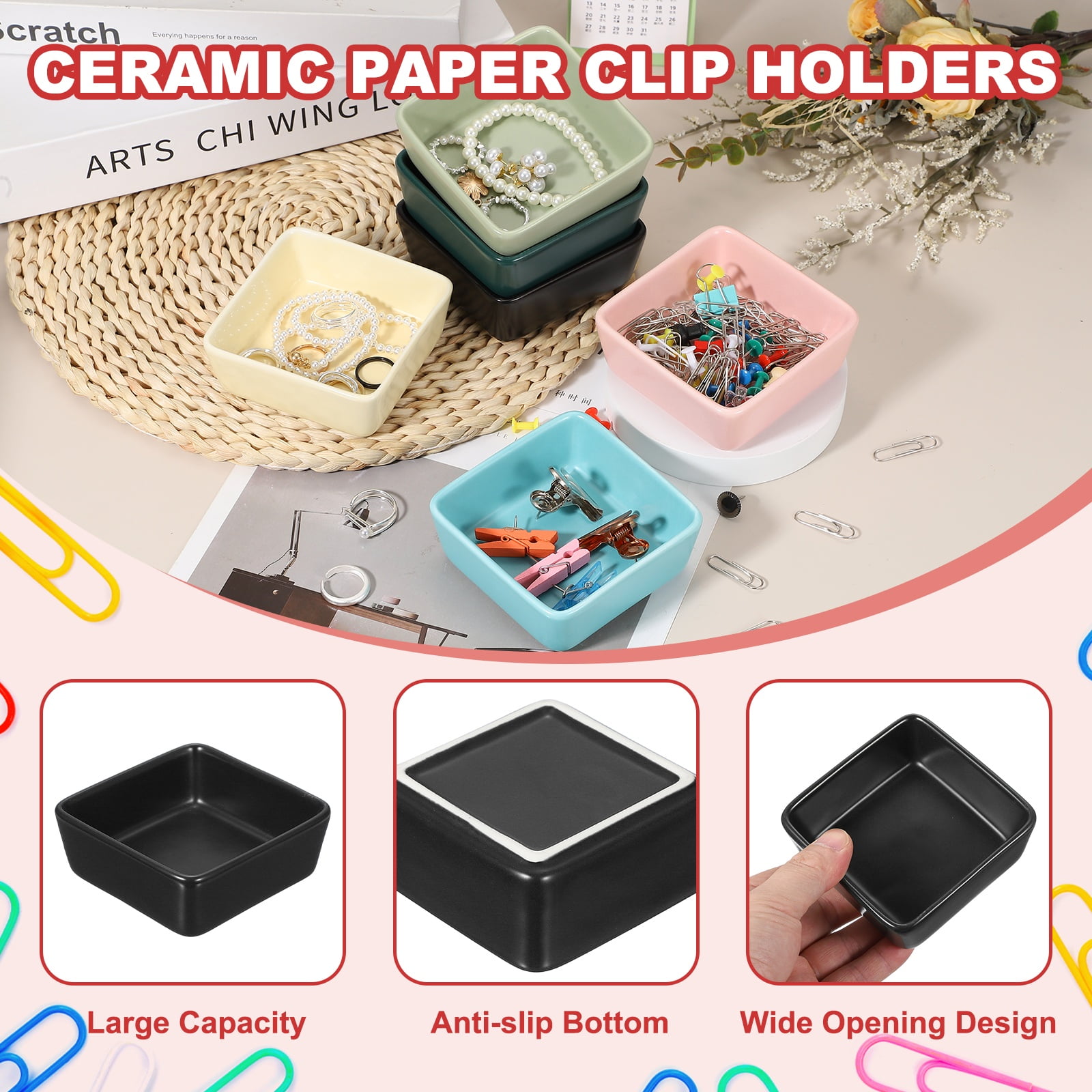 Uxcell Square Paper Clip Holders, 2 Pcs Ceramic Clip Dispenser Organizer Desk Organizer Accessories for Office Desktop Decor Bobby Pin Binder Paper Clamp, Black
