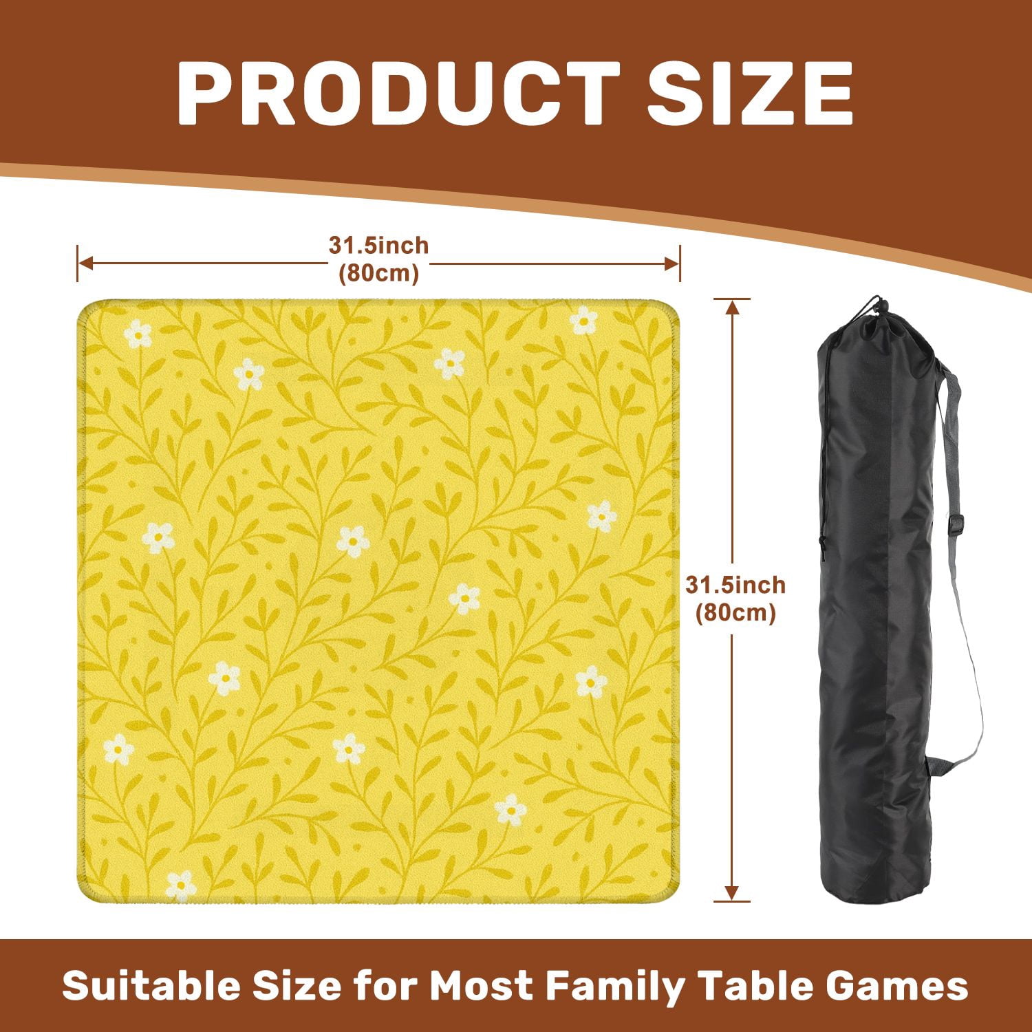 Mahjong Mat 31.5" x 31.5" Yellow Floral White Daisies Green Leaves Non-Slip Noise Reduction American Mahjong Tiles Table Cover for Dominoes Poker Card Board Games Gift