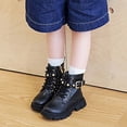 thumbnail image 3 of Babcutegg Girls Short Leather Boots Lace Up Adjustable Strap Low Heel Round Toe Shoes Fall Winter Casual Martin Boots Black Size 3Y Big Kid, 3 of 8
