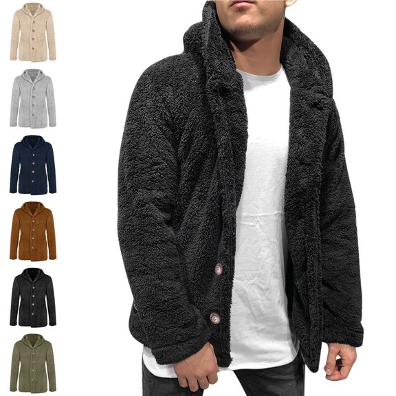 Danhjin Men's Fleece Jackets Faux Fur Fuzzy Thermal Fall Winter Warm Coats Casual Long Sleeve Hooded Solid Color Outwear