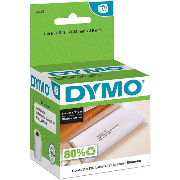DYMO LabelWriter Address Labels, White, 1-1/8" x 3-1/2", 2 Rolls/Box, 130 Labels/Roll, 260 Labels per Box (30251)