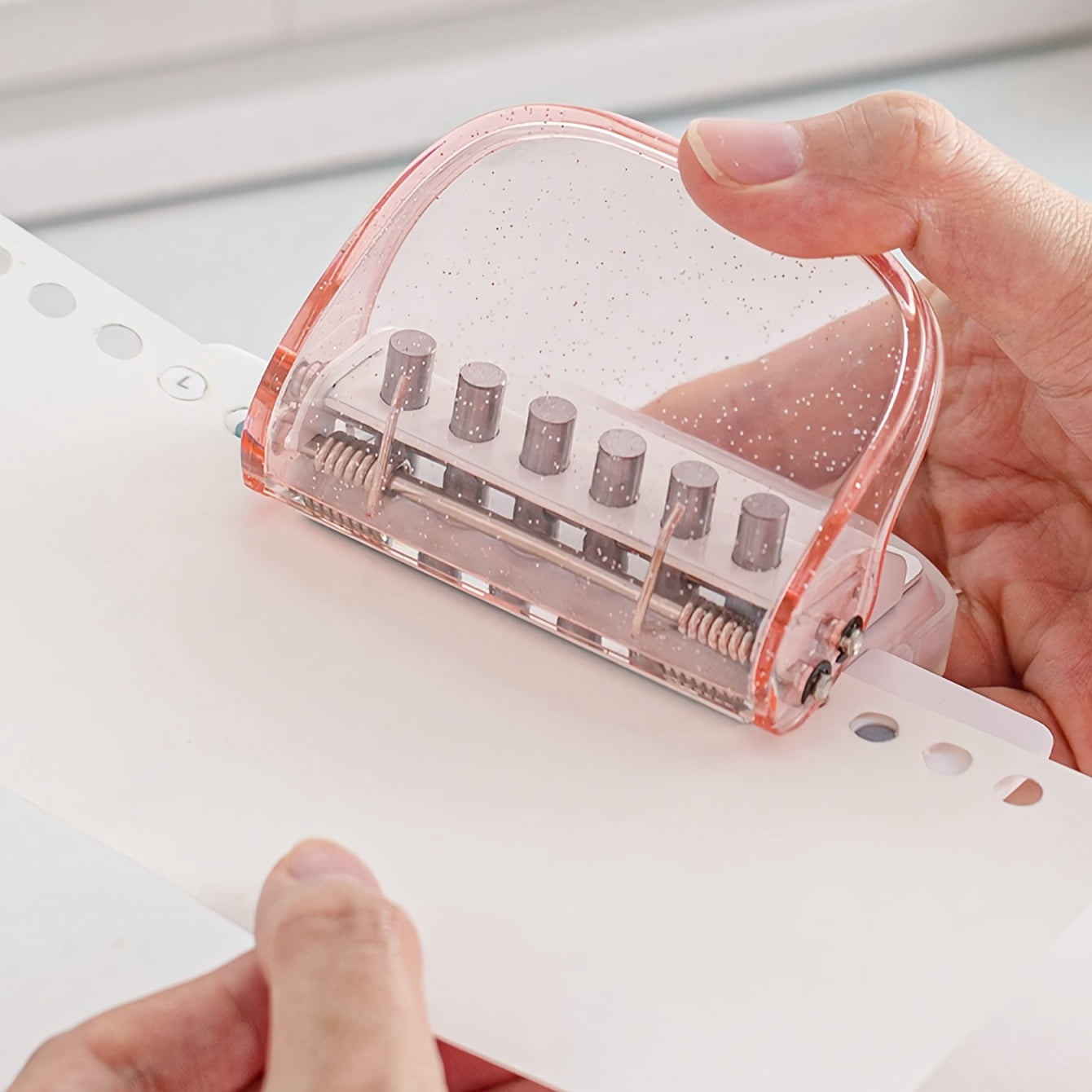 1pc 6-Hole Loose-Leaf Punch, Manual Positioning Punch, Hole Spacing 9.5mm, for A4/B5/A5 Paper, Hand Tool, Transparent
