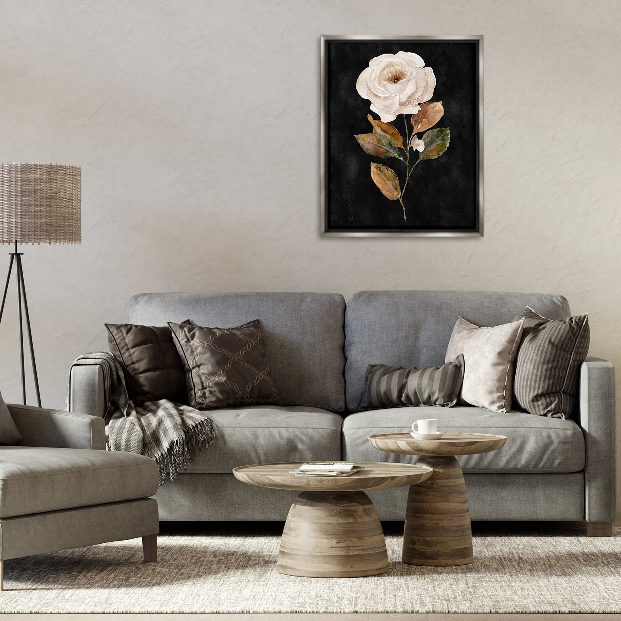 Stupell Industries White Rose on Black Plants & Flowers Painting Gray Floater Framed Canvas Art Print Wall Art, 25 x 31