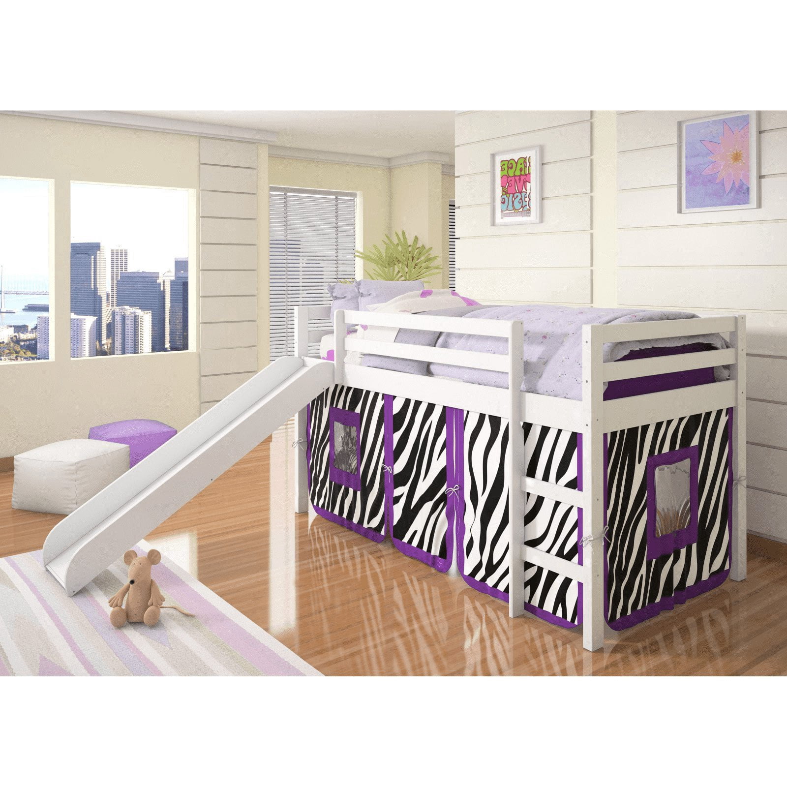 Donco Kids Twin Loft Bed Slide Wood Frame with Camo Tent White/Green