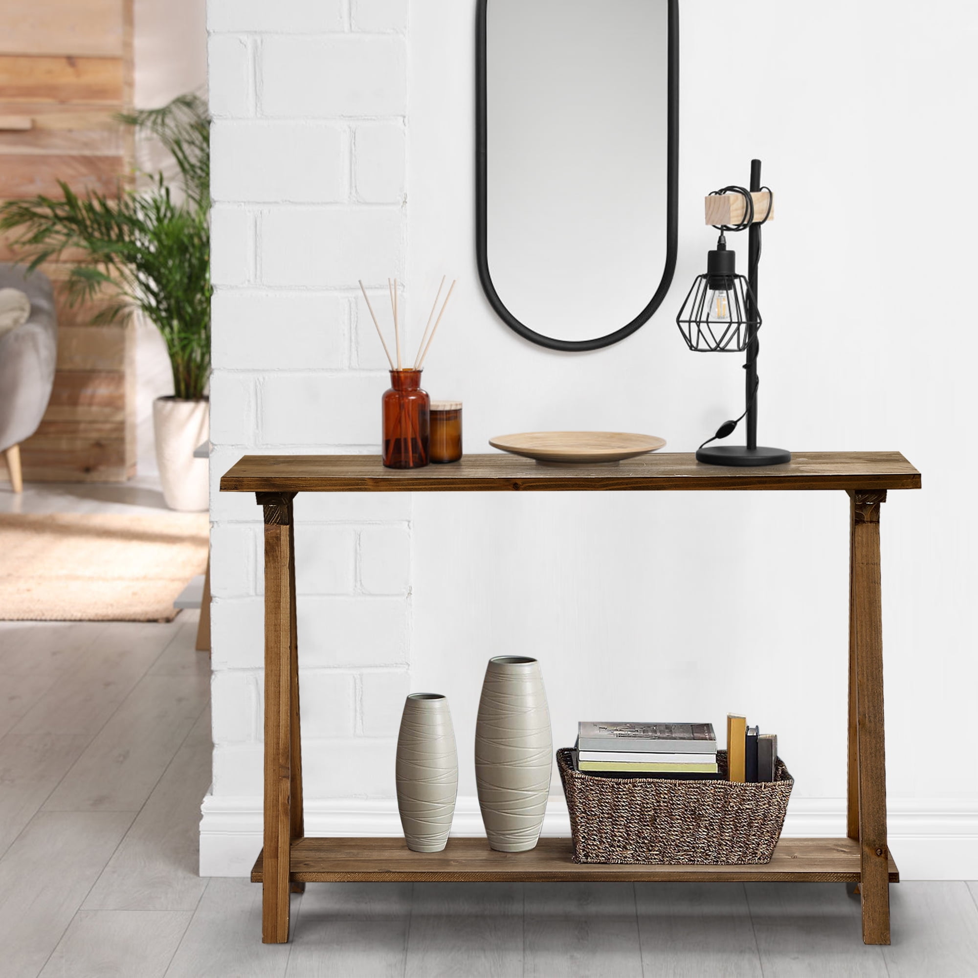43.3" Farmhouse Solid Wood Narrow Console Tables with Shelf, Slim Sofa Table, Entryway Table for Living Room Hallway