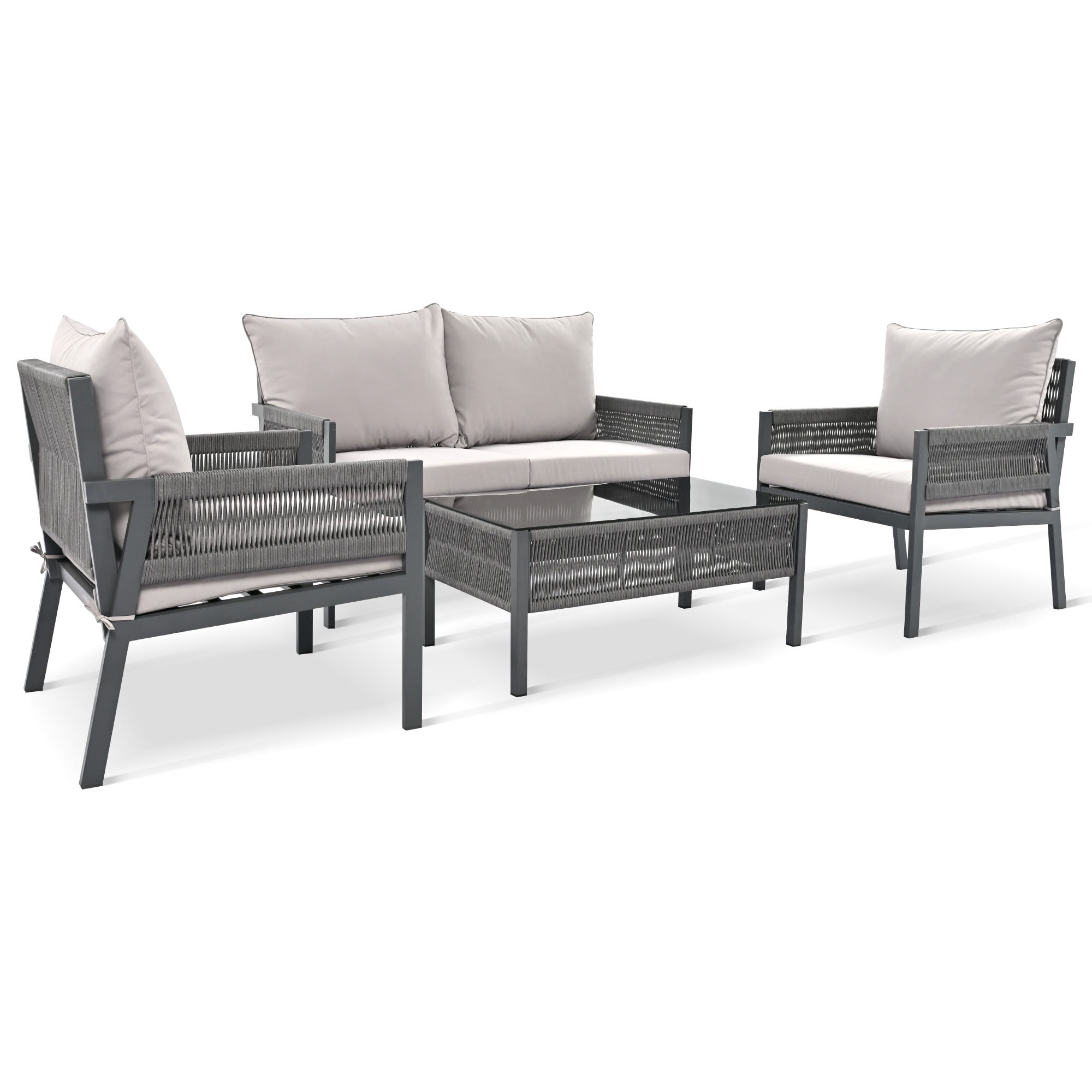 DEALTOPS 4-Piece Rope Patio Furniture Set, Outdoor Furniture with Tempered Glass Table, Patio Conversation Set Deep Seating with Thick Cushion for Backyard Porch Balcony-Grey