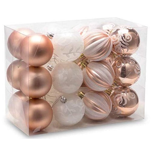 Auxo-Fun 2.36""/60Mm Shatterproof Christmas Ball Ornaments Tree Decoration Baubles Set Of 24 Counts (Rose Gold & White)