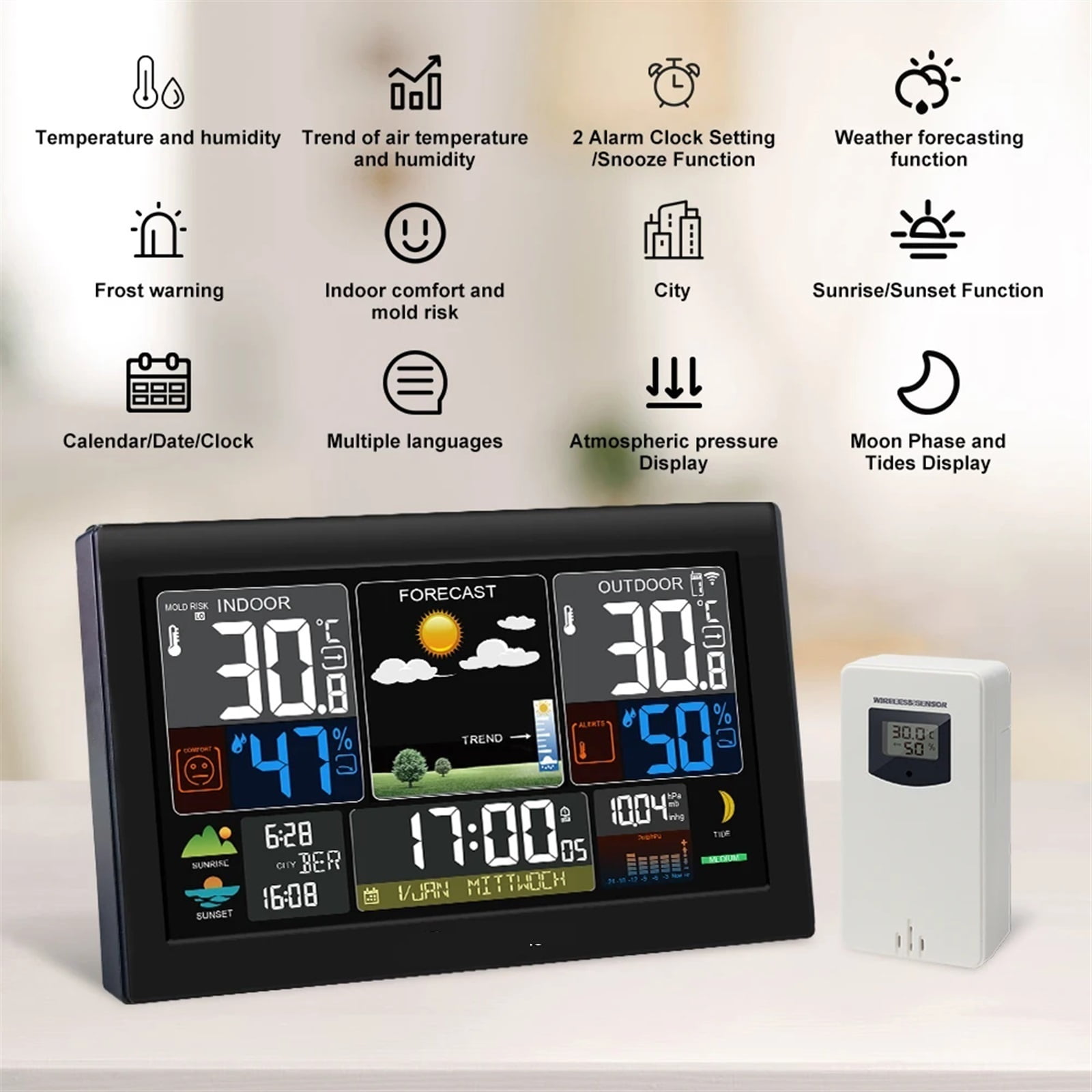 E0160 Wireless Weather Station Thermometer Hygrometer Temperature Meter Forecast With Radio Control Time Function
