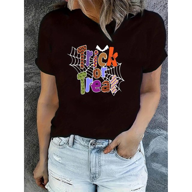Women's Halloween-Themed Casual Tee - Comfy Crew Neck Short Sleeve T-Shirt with Stretch, Machine Washable