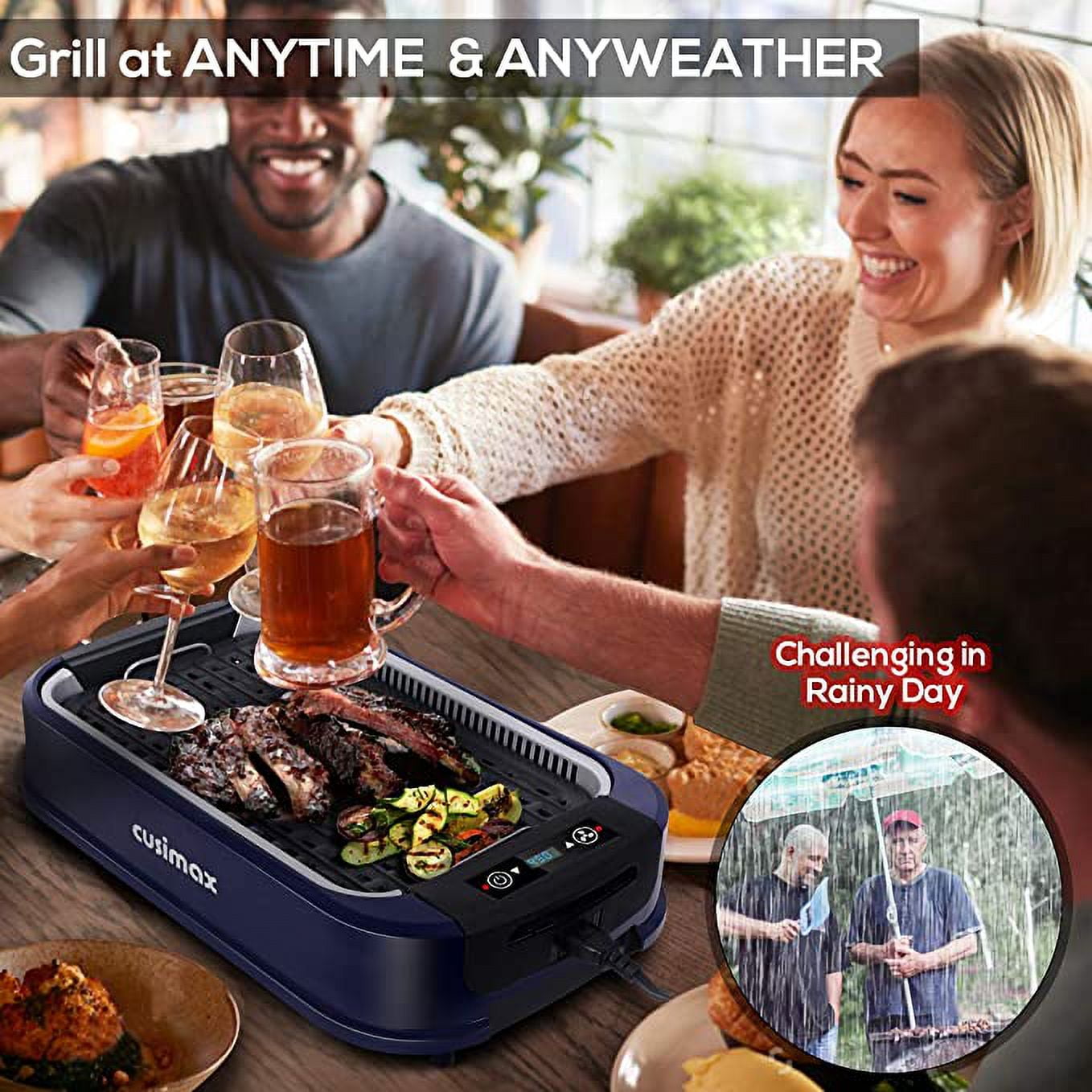 Cusimax Smokeless Grill Indoor Grill Electric Grill Griddle with Tempered  Glass Lid and Turbo Smoke Extractor Technology 