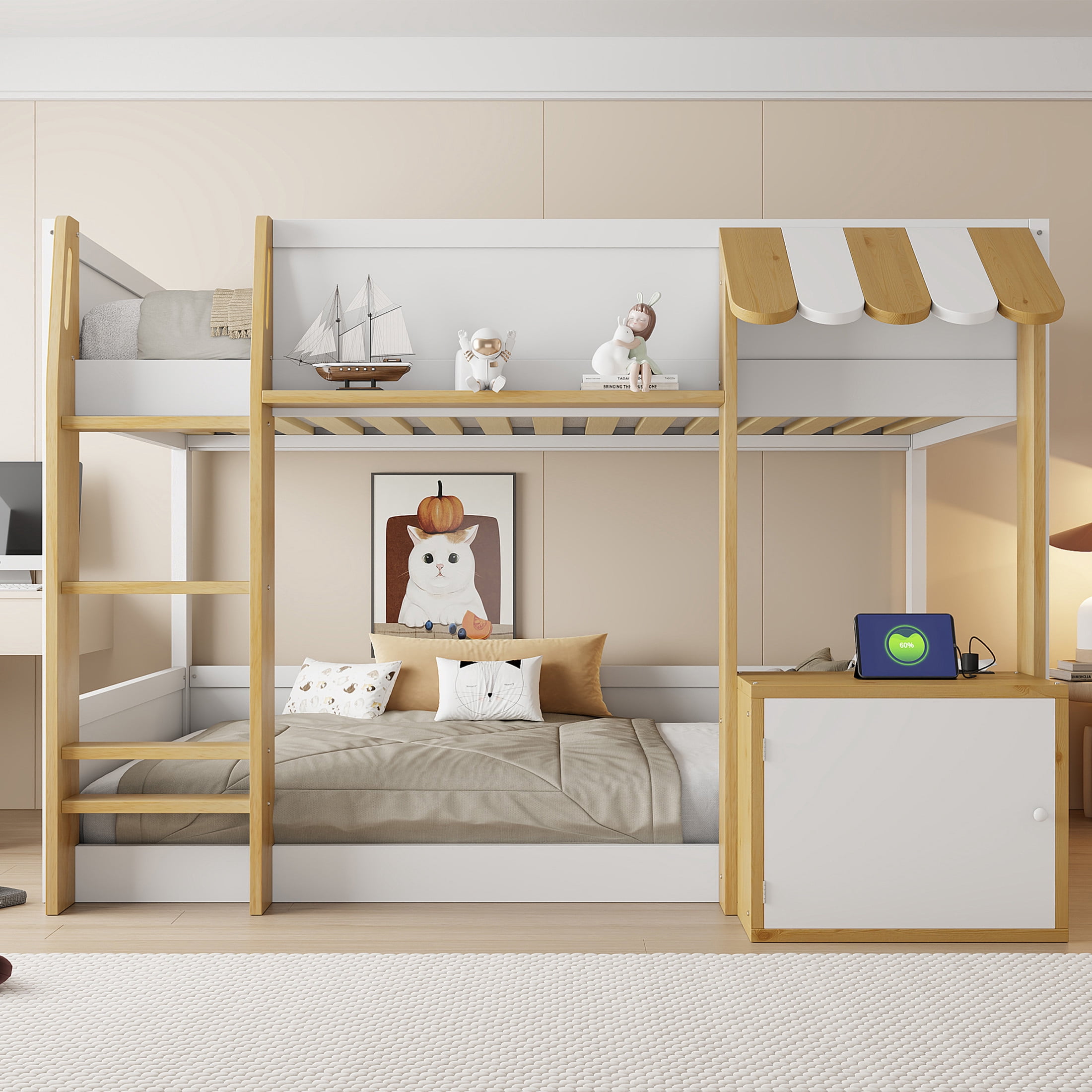 Noble House Heliox Twin over Twin Wood Bunk Bed with Integrated Desk, Storage Cabinet and USB Charging Ports, White