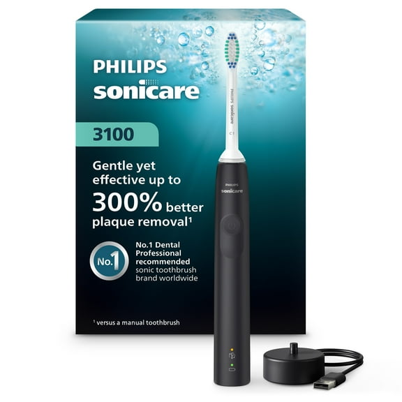 Philips Sonicare 3100 Series Electric Toothbrush - Sonic Toothbrush with Advanced Sonic Technology, Pressure Sensor, Two Intensity Settings, Smartimer & Quadpacer, Black, Model HX3681/04