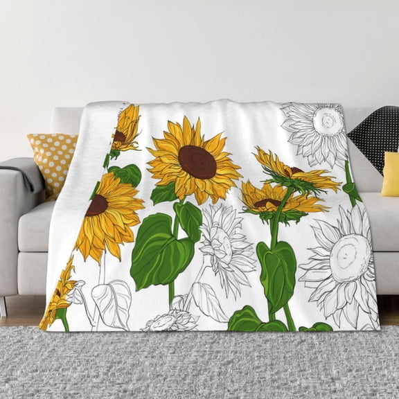 Fuzoiu Plump Sunflower And Sketch Print Flannel Blanket,Throw Blanket,Flannel Home Decor,Fleece Bed Blankets,Cozy Soft Blanket for Bed, Sofa, Camping, and Travel-40"x30"