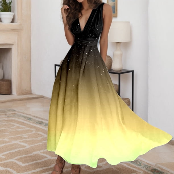 WILLBEST Vestido Lino De Verano Para Mujer, Moderno Y Belleza, Con Estampado De Cielo Estrellado Degradado, Escote En V, Cintura Sin Mangas, Vestido Informal Para Vacaciones En La Playa