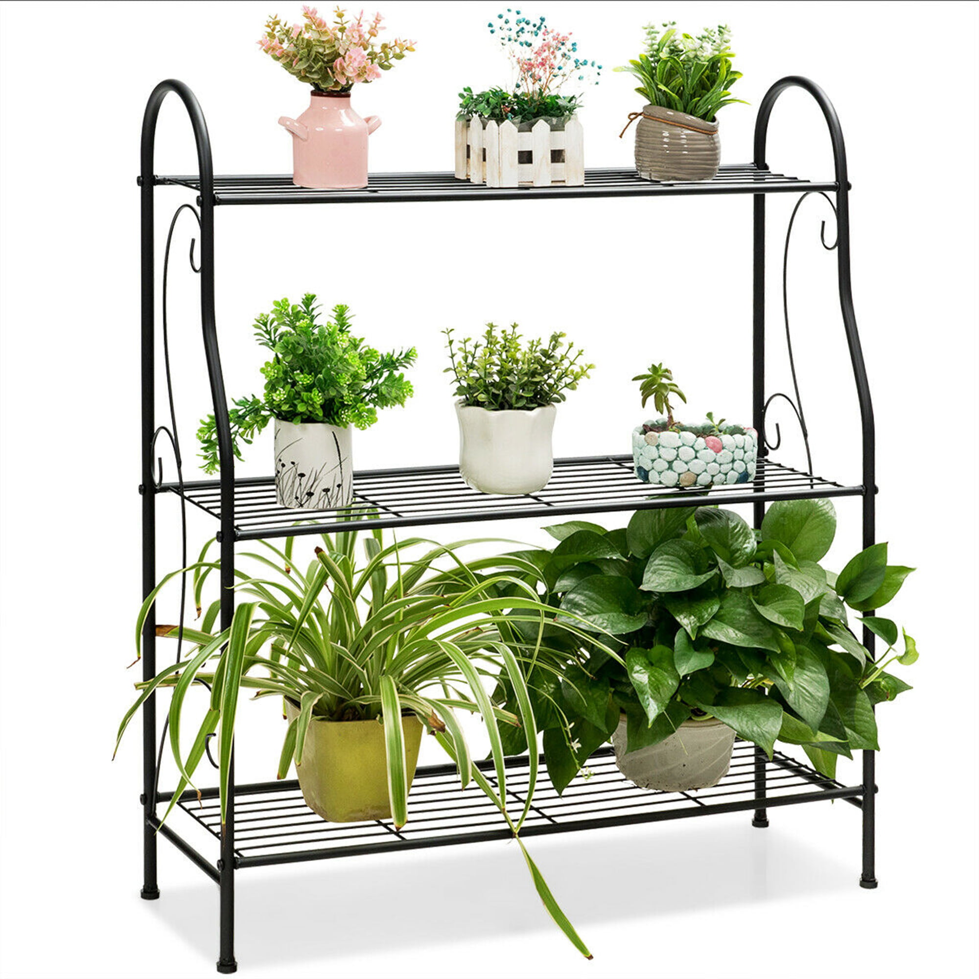 Shelf Flower Rack Pot Holder Scrollwork Design Indoor & Outdoor for Home Decor 30 x 10 x 35 3-Tier Metal Plant Stand 
