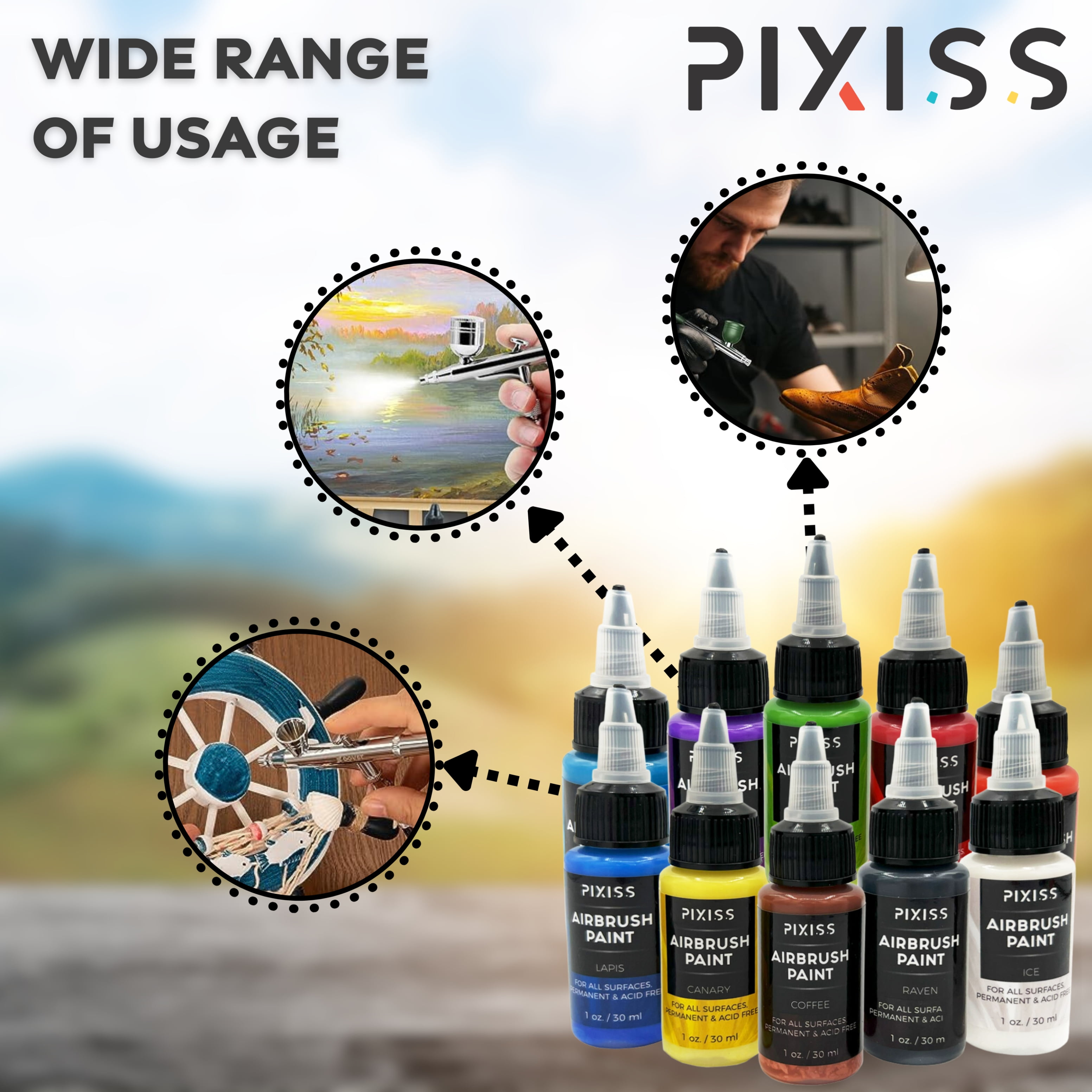Pixiss Air Brush Paint Set - 10 Colors of Acrylic Paint for Airbrush Kit 