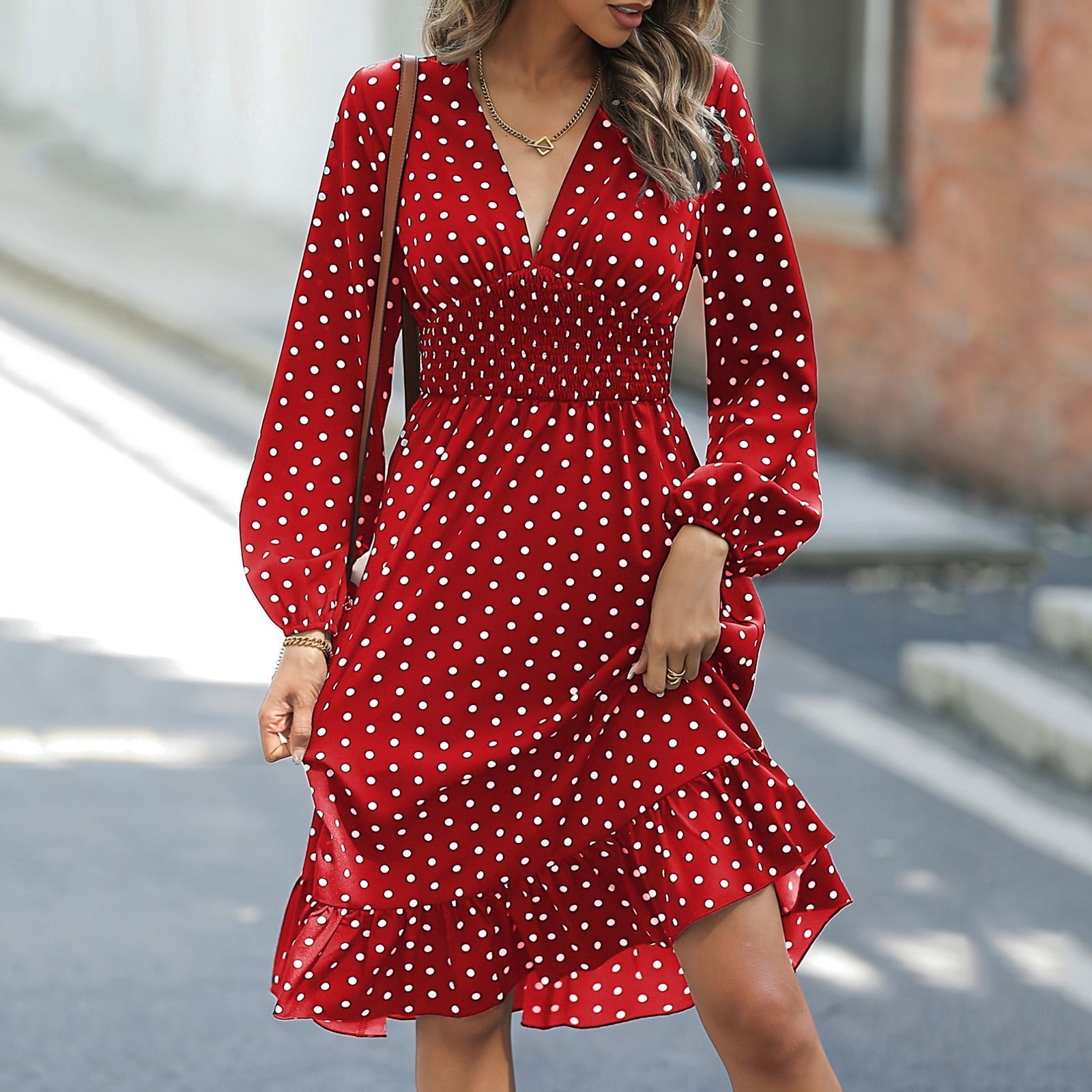 Mrat Women's Polka Dress Lantern Long Sleeve Dress V Neck Shirred Ruffle Flowy High Waisted Midi Dress S-74 Red-a L