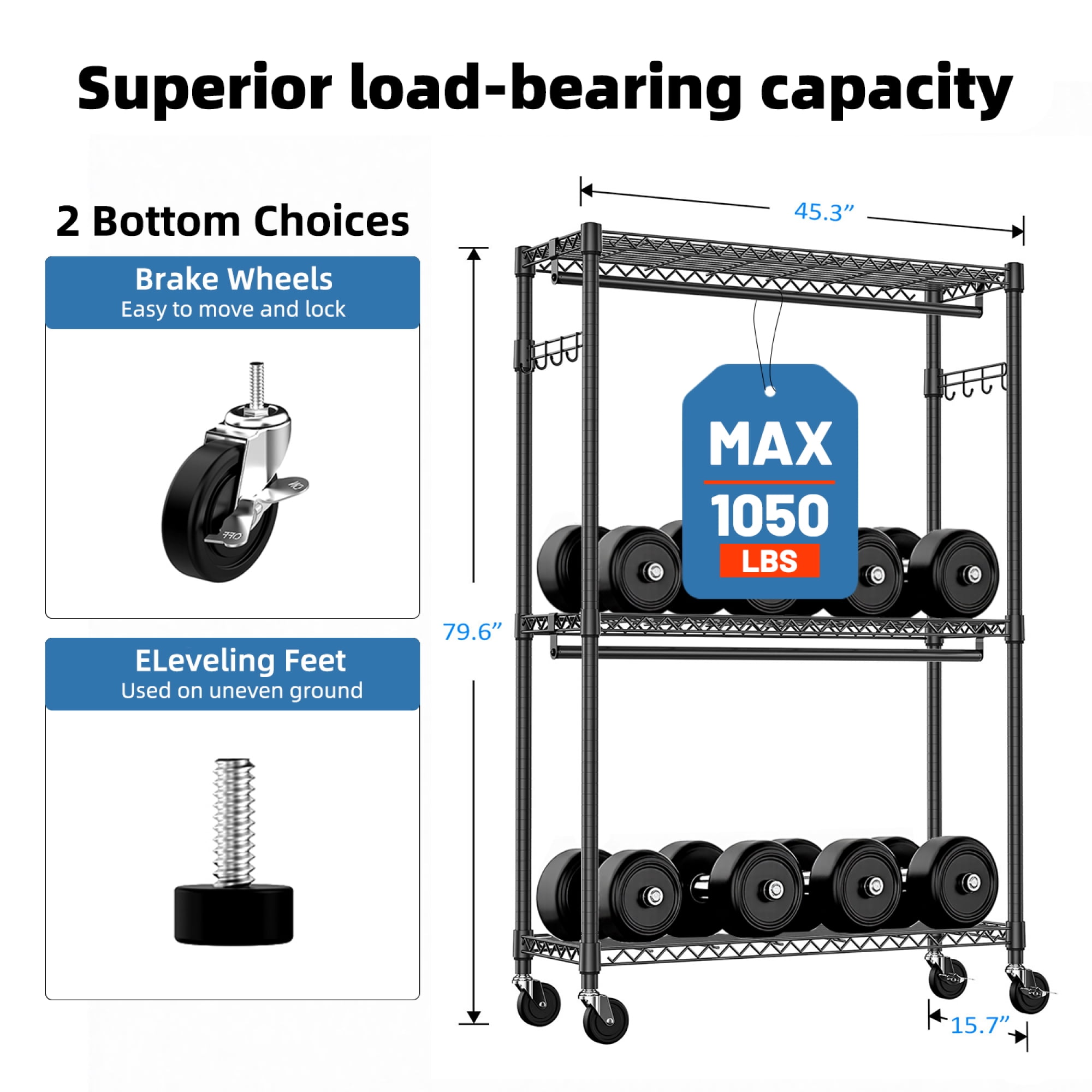 Leumius 3 Tiers Heavy Duty Rolling Garment Rack, Adjustable Wire Shelving Clothes Rack with 2 Rods and Side Hooks,Storage Closet Clothing Rack with Wheels for Laundry Room Bedroom Cloakroom Black