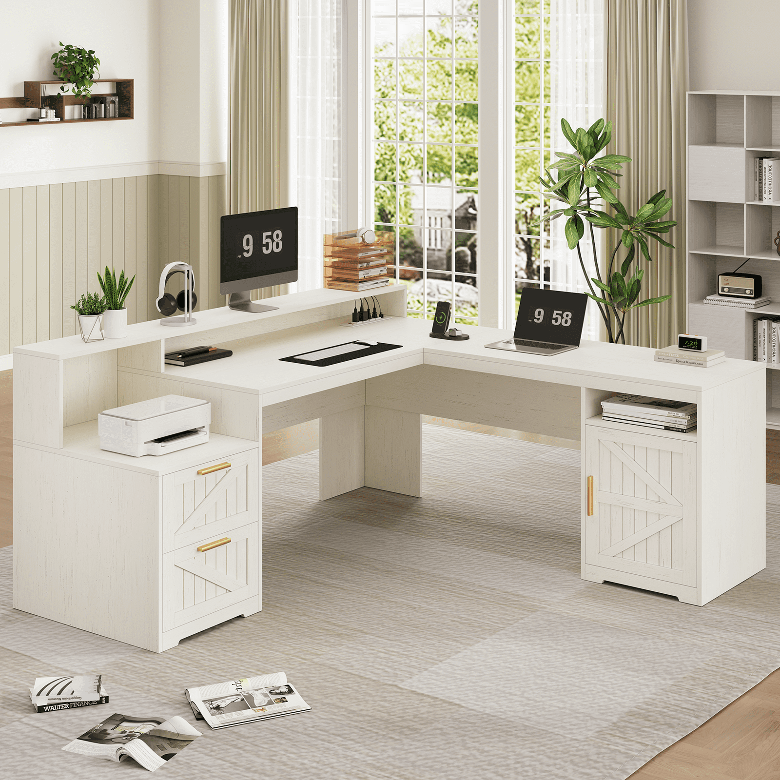 63" Farmhouse L Shaped Executive Desk with Drawers & Storage Shelf, Corner Computer Desk with Power Outlets, L Shaped Office Desk with Monitor Stand, Printer Shelf, White