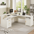 thumbnail image 4 of 63" Farmhouse L Shaped Executive Desk with Drawers & Storage Shelf, Corner Computer Desk with Power Outlets, L Shaped Office Desk with Monitor Stand, Printer Shelf, White, 4 of 9