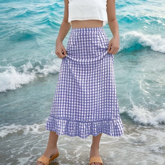 Xdegoge Womens Plaid Skirt High Waisted Gingham Checkered Ruffle Hem Flowy Casual Summery Vacation Picnic Beach Cute Vintage Midi Skirt Ruffle Skirt