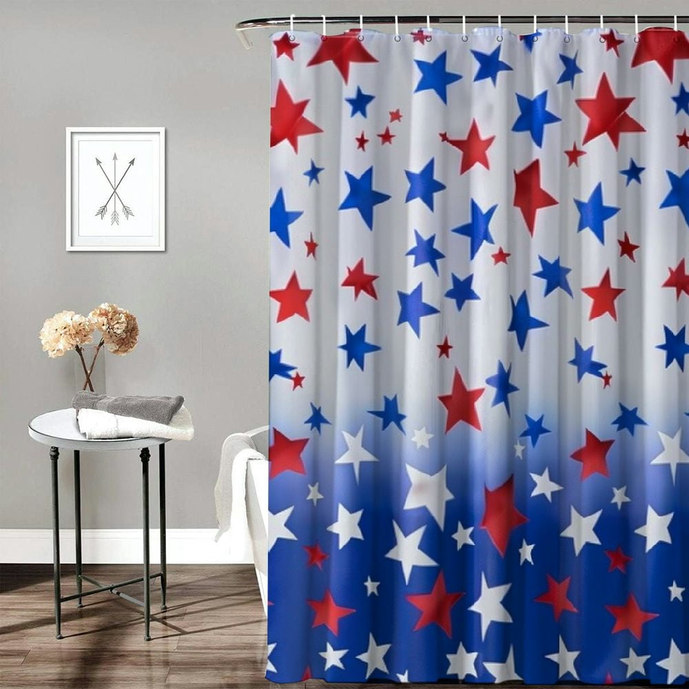 Shiartex American Flag Patriotic Shower Curtain for Bathroom 4th of July Independence Day Memorial Day Shower Curtain Set Blue Red Stars Bathroom Decor with Hooks Waterproof Fabric White