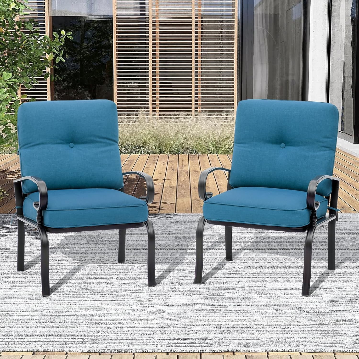 SOLAURA Outdoor Patio Metal Dining Chairs Set of 2 with Peacock Blue Cushions