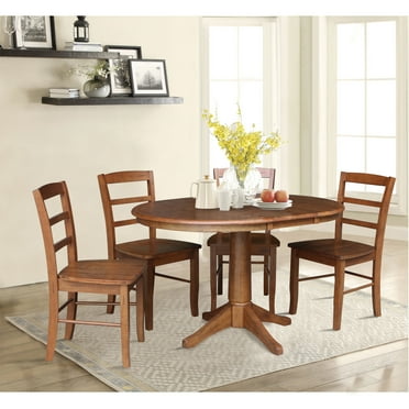 36" Round Solid Wood Extension Dining Table with Leaf and 4 Madrid Ladder Back Chairs in Distressed Oak by International Concepts